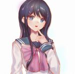  1girl :o bangs blue_eyes blue_hair bow bowtie danganronpa:_trigger_happy_havoc danganronpa_(series) eyebrows_visible_through_hair finger_to_own_chin hair_ornament hairclip index_finger_raised long_hair maizono_sayaka orchid_(pixiv3730518) pink_bow pink_bowtie sailor_collar school_uniform serafuku simple_background solo teeth upper_body upper_teeth white_background 