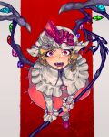  1girl absurdres artist_name blonde_hair blood blood_on_face crystal fang flandre_scarlet frilled_skirt frilled_sleeves frills from_above hair_ribbon hat highres laevatein_(touhou) looking_at_viewer looking_up mob_cap open_mouth red_eyes red_skirt ribbon shirt skinnytorch skirt solo touhou white_shirt wings 