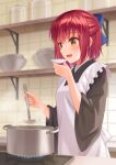  1girl :d absurdres apron bangs black_kimono blue_bow blurry blush bow brown_eyes cooking depth_of_field frilled_apron frills hair_bow hands_up highres holding holding_ladle indoors japanese_clothes kimono kitchen kohaku_(tsukihime) ladle looking_away matsuba_moco open_mouth pot red_hair shelf short_hair sidelocks smile solo standing steam stove tasting tile_wall tiles tsukihime wa_maid wide_sleeves 
