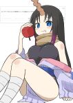  1girl apple bangs black_hair black_leotard blue_eyes blush_stickers breasts closed_mouth commentary_request eating elma_(maidragon) eyebrows_visible_through_hair food fruit gradient_hair highres holding holding_food horns japanese_clothes kimono kobayashi-san_chi_no_maidragon large_breasts leotard leotard_under_clothes looking_at_viewer multicolored_hair purple_hair single_horn solo translation_request twitter_logo yoyohachi 