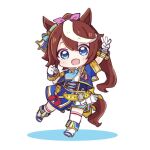  1girl :d animal_ears arm_up blue_eyes blue_jacket boots brown_hair colored_shadow commentary_request cropped_jacket full_body glorious_azure_costume_(umamusume) gloves hair_ribbon high_ponytail hitomiz horse_ears horse_girl horse_tail jacket knee_boots long_hair looking_at_viewer multicolored_hair over-kneehighs pink_ribbon pleated_skirt ponytail puffy_short_sleeves puffy_sleeves ribbon shadow shirt short_sleeves single_over-kneehigh single_thighhigh skirt smile solo standing standing_on_one_leg streaked_hair tail thighhighs thighhighs_under_boots tokai_teio_(umamusume) umamusume very_long_hair w white_background white_footwear white_gloves white_hair white_legwear white_shirt white_skirt 