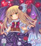  1girl alternate_costume bangs bat_wings blonde_hair blush bow bowtie brooch brown_corset buttons corset cowboy_shot dot_nose dress eyebrows_visible_through_hair fireflies flower frilled_cuffs frilled_dress frilled_shirt_collar frills hair_flower hair_ornament head_tilt jewelry kurumi_(touhou) long_hair looking_at_viewer marker_(medium) petals puffy_short_sleeves puffy_sleeves purple_dress red_bow red_bowtie red_flower red_rose rose rose_petals rui_(sugar3) sample short_sleeves skirt_hold solo standing straight_hair touhou touhou_(pc-98) traditional_media two-tone_dress very_long_hair white_dress white_flower white_rose wings wrist_cuffs yellow_eyes 