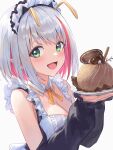  1girl :d antennae bare_shoulders breasts colored_inner_hair commentary english_commentary food frills green_eyes guchico happy_birthday highres holding holding_food indie_virtual_youtuber large_breasts looking_at_viewer maid_headdress mitsuzaki_aya_(character) mont_blanc_(food) multicolored_hair pink_hair plate pointy_ears short_hair silver_hair smile solo streaked_hair two-tone_hair virtual_youtuber 