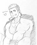 1boy absurdres bara blush facial_hair feet_out_of_frame fle0423 goatee greyscale highres jacket jacket_on_shoulders looking_at_viewer male_focus monochrome multicolored_hair muscular muscular_male pectoral_cleavage pectorals raised_eyebrow short_hair sideburns sidepec sitting sketch solo taurus_mask tokyo_afterschool_summoners traditional_media two-tone_hair wrestling_outfit 