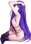  1girl applekun arm_up armpits ass bangs bare_arms bare_shoulders breasts dress from_side genshin_impact hand_on_own_head highres large_breasts long_hair looking_at_viewer mole mole_under_eye nail_polish neck_ribbon purple_dress purple_eyes purple_hair purple_legwear purple_nails raiden_shogun red_ribbon ribbon sideboob simple_background sitting solo thighhighs 