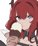  1girl arknights black_collar close-up collar collarbone demon_horns detached_collar food hair_between_eyes hair_intakes hand_up highres holding holding_food horns ice_cream ice_cream_cone portrait purple_eyes scowl simple_background slit_pupils solo surtr_(arknights) tetuw v-shaped_eyebrows white_background 