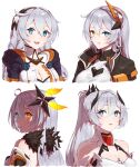  1girl :d :o absurdres armor back bangs bare_shoulders black_jacket blue_eyes breasts cleavage commentary crying crying_with_eyes_open earrings hair_ornament heterochromia highres honkai_(series) honkai_impact_3rd jacket jewelry kiana_kaslana kiana_kaslana_(herrscher_of_flamescion) kiana_kaslana_(herrscher_of_the_void) kiana_kaslana_(void_drifter) kiana_kaslana_(white_comet) long_hair looking_at_viewer looking_back multiple_views open_mouth ponytail scarlet23i0 simple_background smile tears white_background yellow_eyes 