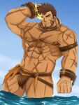  1boy abs absurdres bara bare_pectorals brown_hair brown_male_underwear bulge cross_scar facial_hair flaming_eye goatee hand_on_own_head heracles_(housamo) highres inari_konko_(inari_sushi3) large_pectorals loincloth long_sideburns male_focus male_underwear mature_male muscular muscular_male navel nipples pectorals revealing_clothes scar scar_on_arm scar_on_chest short_hair sideburns smile solo stomach thick_thighs thighs tokyo_afterschool_summoners underwear 