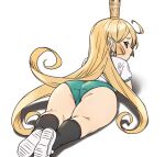  1girl ass blonde_hair blue_eyes buruma charlotta_(granblue_fantasy) crown from_behind granblue_fantasy green_buruma gym_uniform harvin houtengeki long_hair looking_at_viewer looking_back lying on_stomach pointy_ears shoes short_sleeves simple_background socks solo thighs very_long_hair white_background 