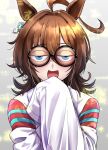  1girl agnes_tachyon_(umamusume) ahoge animal_ears bangs bespectacled brown_hair coke-bottle_glasses commentary dot_nose earrings equation facing_viewer glasses glint grey_background hand_up highres horse_ears ishii_takuma jewelry labcoat long_hair math open_mouth single_earring sleeves_past_fingers sleeves_past_wrists solo sparkle umamusume upper_body 