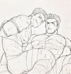  2boys :q abs after_sex arms_behind_back ass bandages bara blush budget_sarashi chest_sarashi convenient_leg cum cum_on_body cum_on_boy cum_on_pectorals cum_string facial feet_out_of_frame fle0423 greyscale highres large_pectorals leg_hair licking licking_cum looking_at_viewer male_focus monochrome multiple_boys muscular muscular_male naked_bandage nipple_slip nipples original pectorals sarashi shibari short_hair sideburns sidepec sketch spread_legs thick_thighs thighs tongue tongue_out traditional_media yaoi 