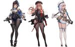  3girls ass ass_visible_through_thighs bag bangs bare_shoulders belt black_footwear black_hair black_jacket black_legwear blue_panties blue_ribbon blush breasts brown_hair character_request clothes_lift dress glasses gloves green_eyes gun hair_ornament hairclip hat high_heels holding holding_gun holding_weapon jacket large_breasts leg_belt long_hair long_sleeves looking_at_viewer looking_back multicolored_clothes multiple_girls necktie nikke_the_goddess_of_victory off_shoulder panties pantyhose parted_bangs purple_eyes red_eyes red_necktie ribbon shirt sideboob silver_hair simple_background skindentation skirt skirt_lift small_breasts smile standing tearlessflower thighhighs underwear weapon weapon_on_back white_background white_footwear white_legwear white_shirt white_skirt 