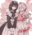  2girls :d apron armband bangs black_bow black_bowtie black_choker black_dress black_eyes black_hair blush bow bowtie choker closed_mouth colored_eyelashes cowboy_shot dress expressionless floral_background flower hat highres long_hair long_sleeves looking_at_viewer maid maid_headdress medium_hair meremero multiple_girls nurse nurse_cap original pink_dress pink_flower pocket puffy_long_sleeves puffy_sleeves safety_pin scissors sidelocks sleeve_cuffs smile white_apron white_bow white_eyes white_hair 