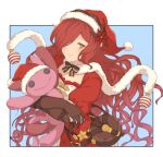  1girl anna_(granblue_fantasy) bag bauble blue_background border bow brown_gloves collarbone commentary_request doll_hug flower gloves granblue_fantasy green_eyes hair_over_one_eye hat hat_flower long_hair looking_at_viewer object_hug outside_border puffy_short_sleeves puffy_sleeves red_hair santa_costume santa_hat short_sleeves smile solo stuffed_toy upper_body white_border wuming 