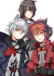  3boys animal_ears aosta_(arknights) arknights black_hair broca_(arknights) cat_boy cat_ears chiave_(arknights) eyebrows_visible_through_hair fox_boy fox_ears gloves hasumi_takashi highres jacket looking_at_viewer multiple_boys red_eyes red_gloves red_hair red_jacket shirt short_hair simple_background white_background white_hair white_shirt wolf_boy wolf_ears yellow_eyes 