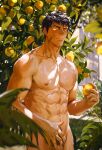  1boy abs bara black_hair completely_nude day food fruit highres holding holding_food holding_fruit holding_weapon large_pectorals lime_(fruit) looking_at_viewer male_focus male_pubic_hair muscular muscular_male nature navel nipples nude original outdoors pectorals penis penis_peek pubic_hair scar scar_on_cheek scar_on_face short_hair sideburns solo sweat sweatdrop tai_(tai_xwxy) tree weapon yellow_eyes 