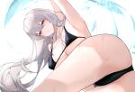  1girl absurdres arknights arm_behind_head armpits ass bikini black_bikini breasts english_commentary grey_hair highres large_breasts leria_v long_hair looking_at_viewer parted_lips red_eyes simple_background skadi_(arknights) solo swimsuit thighs very_long_hair water wet white_background 
