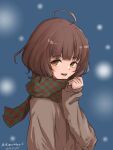  1girl ahoge bangs blunt_bangs brown_coat brown_eyes brown_hair character_name coat commentary_request dated highres kantai_collection kishinami_(kancolle) looking_at_viewer night plaid plaid_scarf scarf short_hair snow solo translated twitter_username umibudou upper_body wavy_hair 
