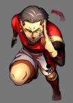  1boy black_undershirt blurry closed_mouth collared_shirt commentary_request flaming_eyes frown full_body gloves grey_background highres kabu_(pokemon) knees leg_up male_focus multicolored_hair pokemon pokemon_(game) pokemon_swsh red_legwear running sanwari_(aruji_yume) shirt shoes short_hair short_sleeves shorts simple_background single_glove socks solo towel two-tone_hair undershirt 