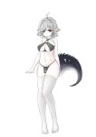  1girl absurdres ahoge arknights breasts clothing_request crocodilian_tail full_body fundoshi grey_hair groin highres japanese_clothes kaojhinrei large_breasts looking_at_viewer navel pelvic_curtain pointy_ears short_hair simple_background solo standing tail tail_ornament tail_ring thighhighs thighs tomimi_(arknights) underboob white_background white_legwear yellow_eyes 