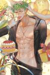  1boy abs balloon bare_pectorals birthday_cake black_shirt box cake clothes_pull confetti cream cream_on_body earrings feeding food fruit gift gift_box green_eyes green_hair happy_birthday headpat holding holding_cake holding_food jewelry looking_at_viewer male_focus multiple_hands navel necklace nipples one_piece open_clothes open_mouth open_shirt pants pants_pull pectorals roronoa_zoro runa_(artist) scar scar_on_chest shirt short_hair sideburns strawberry streamers toned toned_male tongue tongue_out 