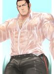  1boy arbbun bara beard belt black_hair bulge chest_hair facial_hair golden_kamuy highres large_pectorals long_sideburns male_focus mature_male muscular muscular_male pants pectoral_cleavage pectorals scar scar_on_face sideburns solo stubble tanigaki_genjirou thick_eyebrows thick_thighs thighs wet wet_clothes 