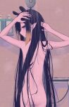  1girl absurdres ass bangs black_hair blunt_bangs blush completely_nude from_behind gradient_hair hands_up highres hikap hololive hololive_english long_hair looking_at_viewer looking_back multicolored_hair ninomae_ina&#039;nis nude orange_hair pointy_ears profile purple_eyes shower_(place) shower_head showering sidelocks soap_dispenser solo tentacle_hair tile_wall tiles very_long_hair virtual_youtuber water wet 