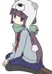  1girl bangs black_legwear blue_skirt blunt_bangs character_request closed_mouth copyright_request expressionless eyebrows_visible_through_hair highres long_hair long_sleeves looking_at_viewer neckerchief pantyhose pleated_skirt purple_eyes purple_hair red_neckerchief skirt solo yoyohachi 