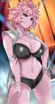  1girl ashido_mina bikini black_bikini black_sclera boku_no_hero_academia breasts cafekun cleavage collarbone collared_vest colored_sclera colored_skin commentary_request cosplay cowboy_shot cross-laced_bikini cross-laced_clothes cross-laced_slit dead_or_alive english_commentary hand_on_hip hand_on_own_leg highres horns large_breasts looking_at_viewer messy_hair mixed-language_commentary navel open_clothes open_vest pink_hair pink_skin short_hair solo standing swimsuit teeth tina_armstrong tina_armstrong_(cosplay) vest white_vest yellow_eyes 