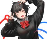  1girl arms_up arrow_(symbol) asymmetrical_wings bangs black_blouse black_hair blouse blush bow bowtie breasts collar collared_shirt double_v eyebrows_visible_through_hair grey_shirt hands_up houjuu_nue long_hair long_sleeves looking_at_viewer makita_(vector1525) medium_breasts one_eye_closed open_mouth puffy_long_sleeves puffy_sleeves red_bow red_bowtie red_eyes red_nails shirt short_hair simple_background smile solo standing touhou upper_body v white_background wings 