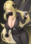 1girl absurdres anima_(togashi) black_nails black_pants black_shirt blonde_hair breasts cleavage closed_mouth curvy cynthia_(pokemon) eyelashes floating_hair fur-trimmed_sleeves fur_collar fur_trim grey_eyes hair_ornament hair_over_one_eye hand_up highres holding holding_poke_ball large_breasts lips long_hair long_sleeves looking_to_the_side mixed-language_commentary pants poke_ball pokemon pokemon_(game) pokemon_dppt shirt solo thighs ultra_ball very_long_hair 