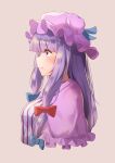  1girl bangs blue_bow blunt_bangs blush bow breasts capelet closed_mouth commentary_request cropped_torso dress eyebrows_visible_through_hair eyes_visible_through_hair grey_background hair_bow hair_ribbon hat highres large_breasts long_hair looking_ahead mob_cap multi-tied_hair patchouli_knowledge profile purple_capelet purple_dress purple_eyes purple_hair purple_headwear red_bow ribbon sefushi sidelocks simple_background smile solo striped touhou tress_ribbon upper_body vertical_stripes very_long_hair 