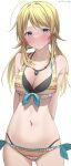  1girl absurdres ahoge artist_name ass_visible_through_thighs bikini blonde_hair blue_eyes blush breasts cleavage commentary cowboy_shot eyebrows_visible_through_hair hachimiya_meguru hair_ornament hair_tie halterneck highres idolmaster idolmaster_shiny_colors jewelry kawai_ritsu_(rits_meg) large_breasts long_hair looking_at_viewer low_twintails multicolored_bikini multicolored_clothes navel necklace side-tie_bikini simple_background solo standing swimsuit twintails twitter_username white_background 
