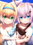  2girls absurdres animal_ear_fluff animal_ears arknights bikini black_bikini black_choker blonde_hair blue_background blue_bikini blue_hairband choker collarbone eyebrows_visible_through_hair fox_ears fox_girl fox_tail grey_hair hair_intakes hair_ornament hairband highres hug light_blush looking_at_viewer multicolored_hair multiple_girls nikenikeniki1 off-shoulder_bikini off_shoulder oripathy_lesion_(arknights) shiny shiny_hair short_hair streaked_hair sussurro_(arknights) suzuran_(arknights) swimsuit tail upper_body white_hair x_hair_ornament 