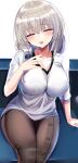  1girl absurdres bangs blush breasts cleavage closed_eyes collarbone grey_hair hair_over_shoulder hanasaka_houcha highres large_breasts long_hair low_tied_hair open_mouth pantyhose shirt sitting smile solo sweat thighs uzaki-chan_wa_asobitai! uzaki_tsuki white_shirt 