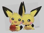  :d apple black_eyes commentary_request food fruit holding holding_food holding_fruit kikuyoshi_(tracco) no_humans open_mouth pichu pokemon pokemon_(creature) signature smile tongue 