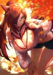  1girl absurdres animal_ears autumn autumn_leaves bare_legs between_breasts breasts cleavage commission eyewear_on_head fox_ears fox_tail hair_over_one_eye highres large_breasts leaning_forward legs marse_(rokudaime) original pointing pointing_at_self ponytail purple_eyes red_hair red_nails short_shorts shorts skeb_commission smile solo strap_between_breasts tail 