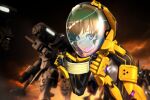  1girl black_gloves blurry blurry_background brown_hair cloud cloudy_sky covered_nipples f-4j_gekishin fortified_suit genya_(genya67) gloves helmet highres holding holding_mask leaning_forward looking_at_viewer mask mecha mouth_mask muvluv muvluv_alternative muvluv_total_eclipse pilot_suit purple_eyes science_fiction sky smile surgical_mask tactical_surface_fighter takamura_yui visor xfj-01a_shiranui 