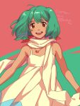  1girl 2021 :d ahoge aqua_hair artist_name bangs bare_shoulders dated dress eyebrows_visible_through_hair highres jewelry looking_at_viewer macross macross_frontier necklace ranka_lee red_eyes scarf short_hair smile solo teeth translation_request white_dress white_scarf yuccoshi 