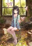  1girl absurdres black_hair blue_eyes broken_window bug butterfly chair collarbone commentary_request full_body highres kami-sama_no_memo-chou kishida_mel long_hair looking_at_viewer no_shoes outstretched_arm overgrown pajamas reaching_out ruins shionji_yuuko sidelocks sitting solo thighhighs very_long_hair white_legwear window zettai_ryouiki 
