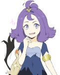  1girl acerola_(pokemon) armlet bangs blue_dress bright_pupils commentary dress english_commentary eyelashes fangs flipped_hair grey_dress grey_eyes hair_ornament hairclip highres medium_hair milka_(milk4ppl) mimikyu multicolored_clothes multicolored_dress open_mouth pokemon pokemon_(creature) pokemon_(game) pokemon_sm purple_hair short_sleeves sparkle stitches tongue topknot torn_clothes torn_dress white_pupils 