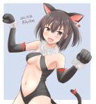  1girl :d ame-san animal_ears bangs bare_shoulders black_gloves black_swimsuit blue_background blush breasts brown_eyes brown_hair cat_ears cat_tail center_opening clenched_hands commentary cosplay dated dutch_angle earrings elbow_gloves fake_animal_ears fangs fate/kaleid_liner_prisma_illya fate_(series) fur-trimmed_gloves fur_trim gloves hair_between_eyes hair_strand halloween_costume highres illyasviel_von_einzbern illyasviel_von_einzbern_(cosplay) jewelry kantai_collection looking_at_viewer midriff navel outside_border red_ribbon ribbon sendai_(kancolle) short_hair sideboob small_breasts smile solo swimsuit tail twitter_username two_side_up underboob v-shaped_eyebrows w_arms 