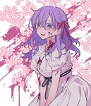  1girl :d bangs black_ribbon blood blood_on_clothes blood_on_face blush braid breasts cherry_blossoms crying crying_with_eyes_open dress fate/stay_night fate_(series) flower hair_ribbon highres long_hair matou_sakura meremero pink_flower pink_ribbon puffy_short_sleeves puffy_sleeves purple_eyes purple_hair ribbon short_sleeves sidelocks smile solo tears white_dress 