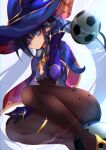  +_+ 1girl absurdres animahakim ass ball black_legwear blue_eyes bodysuit breasts cape detached_sleeves full_body genshin_impact gloves gold_trim hand_on_own_knee hand_up hat high_heels highres large_hat looking_at_viewer mona_(genshin_impact) pantyhose sidelocks sitting small_breasts soccer_ball solo sparkle squatting symbol-shaped_pupils thigh_strap thighs twintails witch_hat 