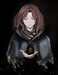  1girl bangs black_background black_cloak brown_hair cloak elden_ring hair_ornament highres kageisland_9lov looking_at_viewer medium_hair melina_(elden_ring) one-eyed purple_eyes scar scar_across_eye simple_background solo upper_body 