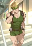  1boy abs armband bara belt blonde_hair bodysuit brown_eyes bulge closed_mouth covered_abs covered_nipples ero_condo facial_hair green_bodysuit green_hairband hairband hand_on_own_neck highres kienbiu large_pectorals looking_at_viewer male_focus muscular muscular_male nipples official_art pectorals punt_(kienbiu) short_hair skin_tight sleeveless solo spiked_hair thick_thighs thighs wristband 