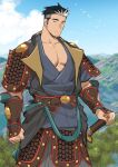  1boy armor bara belt black_hair chest_hair closed_mouth cloud da_thach_(kienbiu) day ero_condo facial_hair highres japanese_armor japanese_clothes kienbiu kimono large_pectorals looking_at_viewer male_focus multicolored_hair muscular muscular_male official_art open_clothes outdoors pauldrons pectoral_cleavage pectorals short_hair shoulder_armor sideburns sky solo streaked_hair stubble sword two-tone_hair vambraces weapon white_hair 