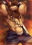  1boy abs animal_ears armpit_hair armpits arms_behind_head bara brown_fur chest_hair fangs feet_out_of_frame furry furry_male long_hair looking_at_viewer male_focus mohawk muscular muscular_male navel nipples pectorals rabbity_art re:zero_kara_hajimeru_isekai_seikatsu reward_available ricardo_(re:zero) sharp_teeth sidelocks solo spiked_hair stomach tail teeth topless_male wolf_boy wolf_ears wolf_tail 