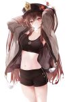  1girl absurdres bangs black_headwear blush breasts brown_hair commentary flower flower-shaped_pupils genshin_impact hat hat_flower highres hu_tao_(genshin_impact) navel plum_blossoms rable red_eyes sports_bra symbol-shaped_pupils twintails 