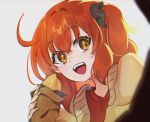  1girl ahoge bangs beige_sweater blush breasts cardigan fate/grand_order fate_(series) food fujimaru_ritsuka_(female) galibo long_sleeves looking_at_viewer medium_breasts one_side_up open_cardigan open_clothes open_mouth orange_eyes orange_hair red_shirt shirt short_hair smile solo 